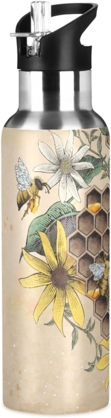 ALAZA Honey Bee Retro Floral Water Bottle With Straw Lids Boys Girls,Vacuum Insulated Leakproof Stainless-Steel Sports Bottle Thermal Flask For Gym Yoga Camping,20Oz (600Ml)