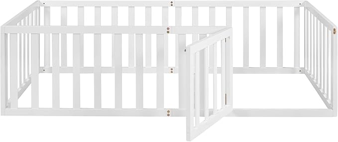 Twin Size Floor Bedframe with Door and Safety Guardrails Fence, Solid Wooden Toddler Montessori Platform Bed for Children Bedroom, Boys Girls, Kids Playroom