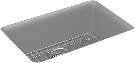 KOHLER K-28000-CM4 Cairn 27-1/2" Undermount Single-Bowl Kitchen Sink, Neoroc Composite Kitchen Sink with Sink Rack, Matte Grey