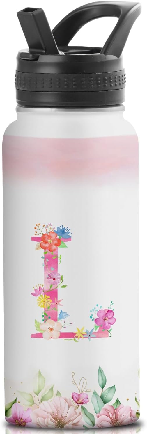 Personalized 32oz Water Bottle with Straw Customized Initial Letter Sport Bottles Monogrammed Initial Insulated Bottle Coffee Mug for Travel (L)