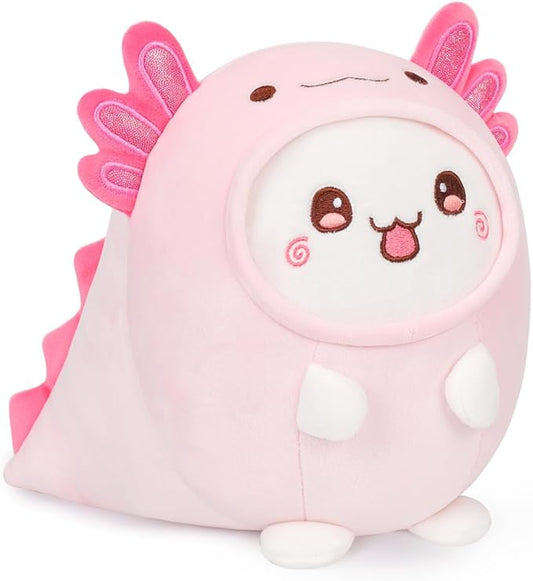 Cute Plush Axolotl Cat Stuffed Animal Pillow, 8" Soft Kawaii Kitten Plushie with Pink Axolotl Salamander Outfit Gift for Kids