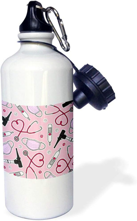 3dRose Cute Veterinarian or Veterinary Technician Love Pattern Pink Sports Water Bottle, 21 oz, Multicolor
