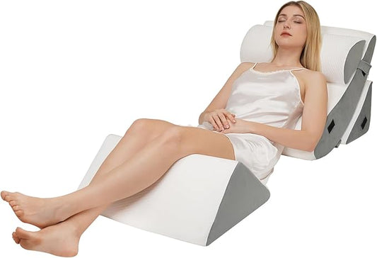 4pcs Wedge Pillow Headboard Set. Comfortable Sleep and Rest Relieves Back and Leg Pain, Aids in Acid and Gastro-Oesophageal Reflux Relief, Reduces Snoring - White