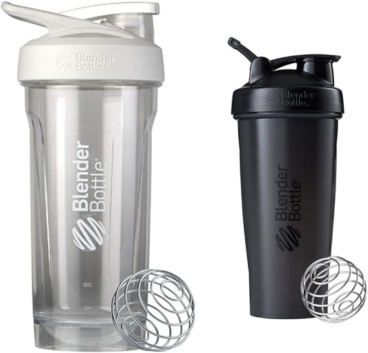 BlenderBottle Strada Shaker Cup Perfect for Protein Shakes and Pre Workout, 28-Ounce, White & Classic Shaker Bottle Perfect for Protein Shakes and Pre Workout, 28-Ounce, Black