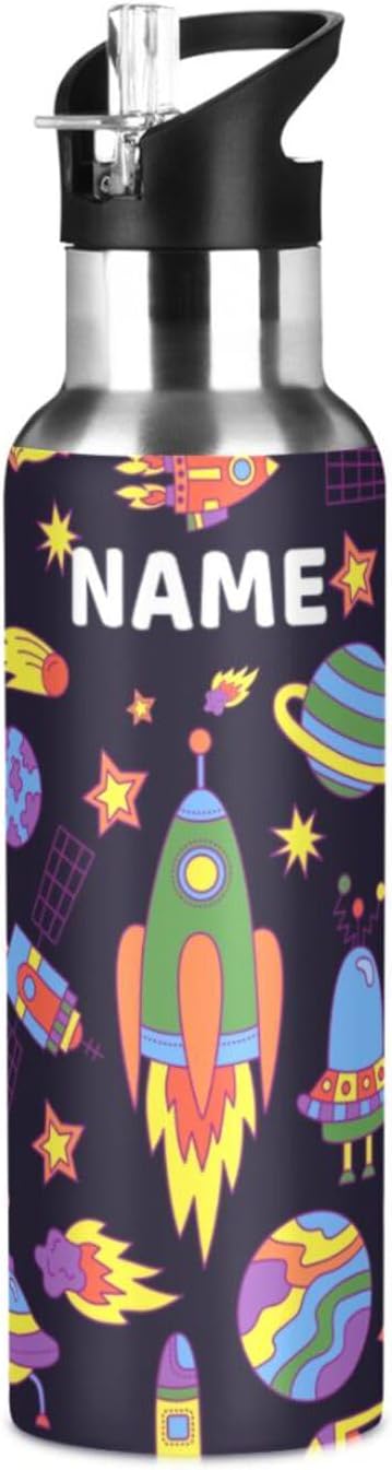 Outer Space Rocket Space Ship Ufo Stainless Steel Water Bottle with Straw Lid - 20 Oz Sports Insulated Water Bottle Thermos for Sport Gym Outdoor Travel School