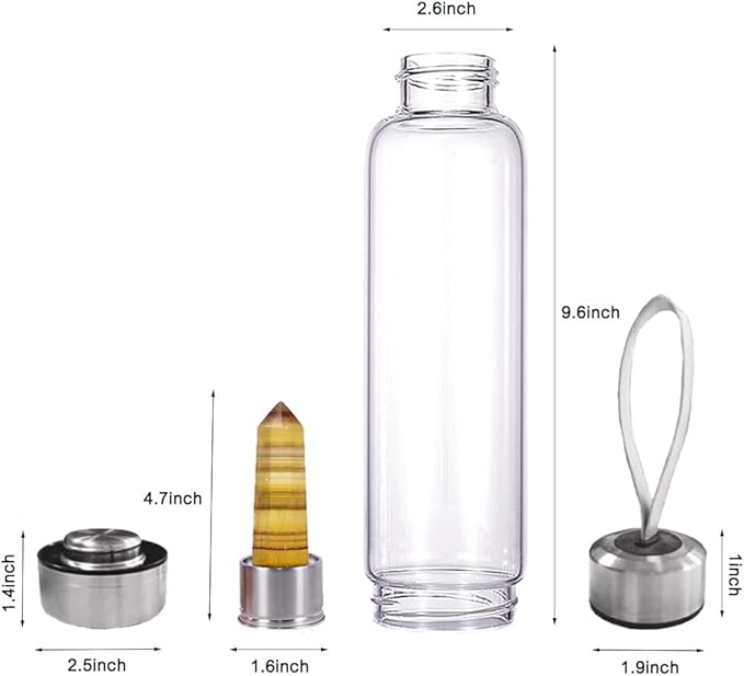 Crystal Glass Water Bottle,Water Bottle With Gemstone Center Crystal Elixir Bottle,Removable Gemstones Water Cup Crystal Column Magic Wand Energy Cup for Gifts (E-Yellow Fluorite)