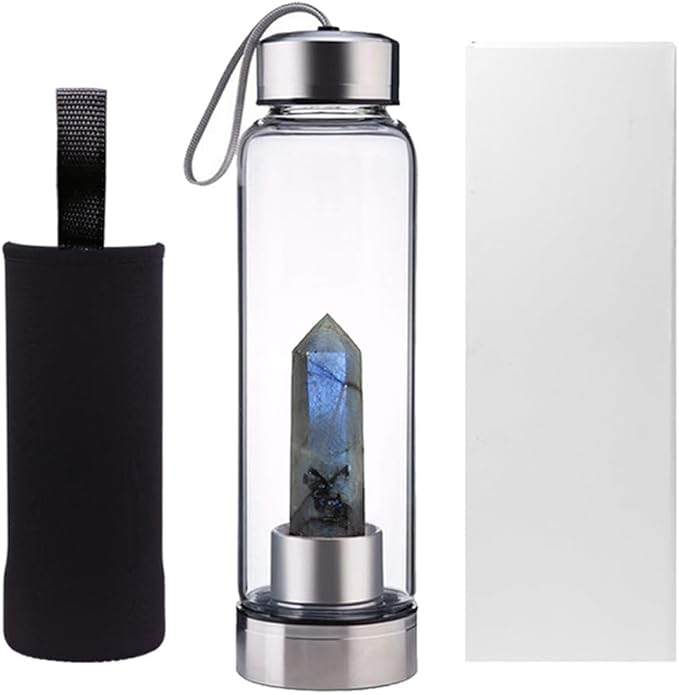 Crystal Glass Water Bottle,Water Bottle With Gemstone Center Crystal Elixir Bottle,Removable Gemstones Water Cup Crystal Column Magic Wand Energy Cup for Gifts (F-Elongated Stone)