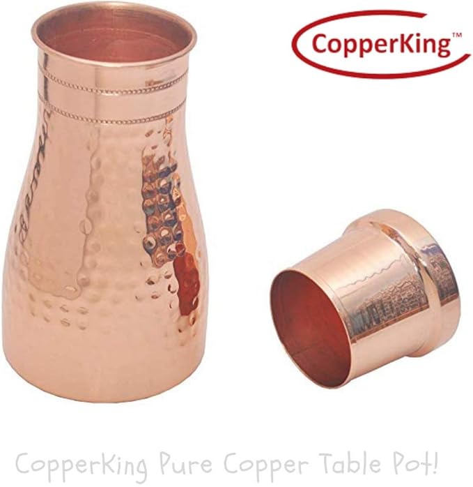 Pure Copper Hammered Pitcher with Inbuilt Tumbler | Ayurvedic Solid Copper Water Bottle Drinking Jar with Cup Galss | Best Use Carafe for Office, Bedroom, Dining Table Pot 37oz / 1100 ML / 1.1 Liter