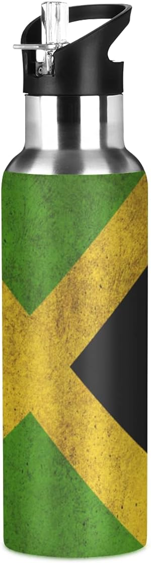Jamaica Flag Jamaican Sports Water Bottle, Double Wall Vacuum Insulated Stainless Steel Water Bottle with Straw Keeps Hot and Cold, Bike Running Sports Travel Gym 20oz, one size