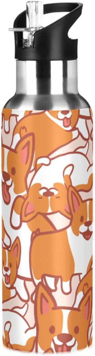 Cute Puppy Corgi Sports Water Bottle, Double Wall Vacuum Insulated Stainless Steel Water Bottle with Straw Keeps Hot and Cold, Bike Running Sports Travel Gym 20oz