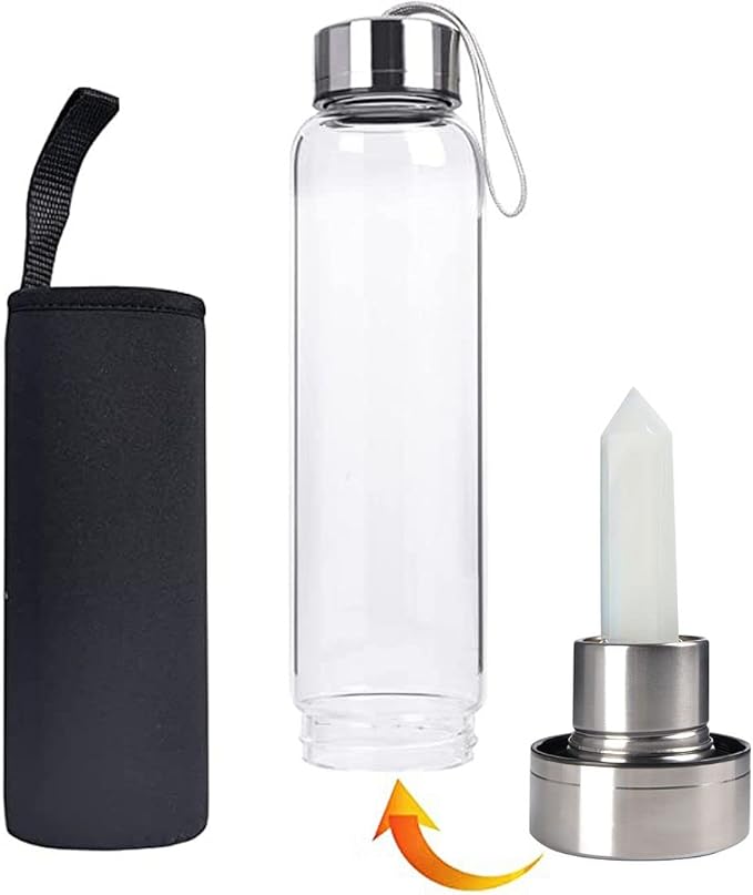 Crystal Glass Water Bottle, Glass Water Bottle with Changeable Natural Crystal Center, Quartz Gemstone Water Bottle for Natural