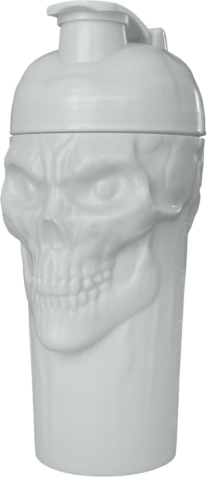 JNX SPORTS The Curse! Skull Shaker Bottle, 24-Ounce, Light Grey Limited Edition, Supplement Mixer with Classic Loop Top