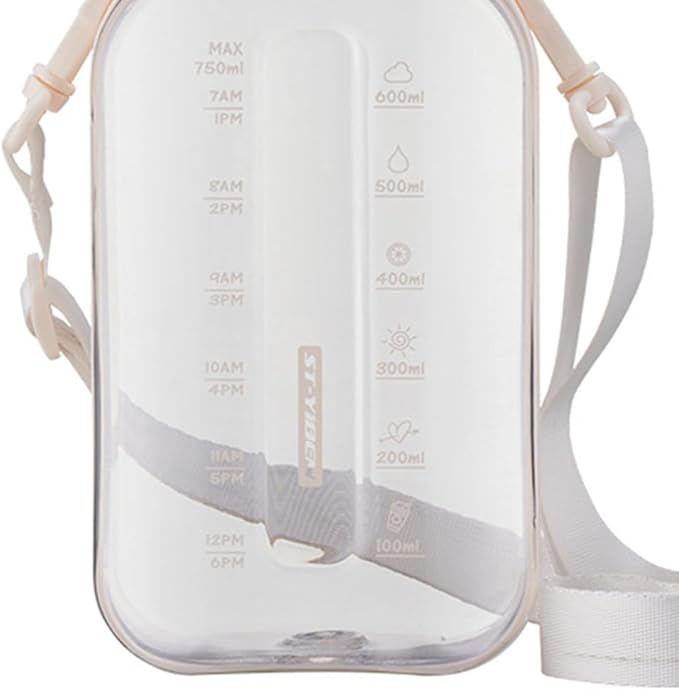 750ML Square Transparent Water Bottle, Cute Sports Water Jug with Adjustable Strap, Portable Motivational Water Bolttles for Travel, Hiking and Outdoor Workouts