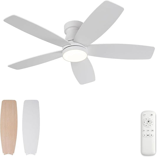 42 inch Ceiling Fans with Lights and Remote,Flush Mount White Ceiling Fan,Memory Fuction Reversible Quiet DC Motor Low Profile Ceiling Fans For Living Room Bedroom Outdoor(White&Natural Wood)