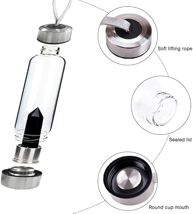 Crystal Glass Water Bottle,Water Bottle With Gemstone Center Crystal Elixir Bottle,Removable Gemstones Creative Water Cup Crystal Column Magic Wand Energy Cup for Gifts (A-Obsidian)