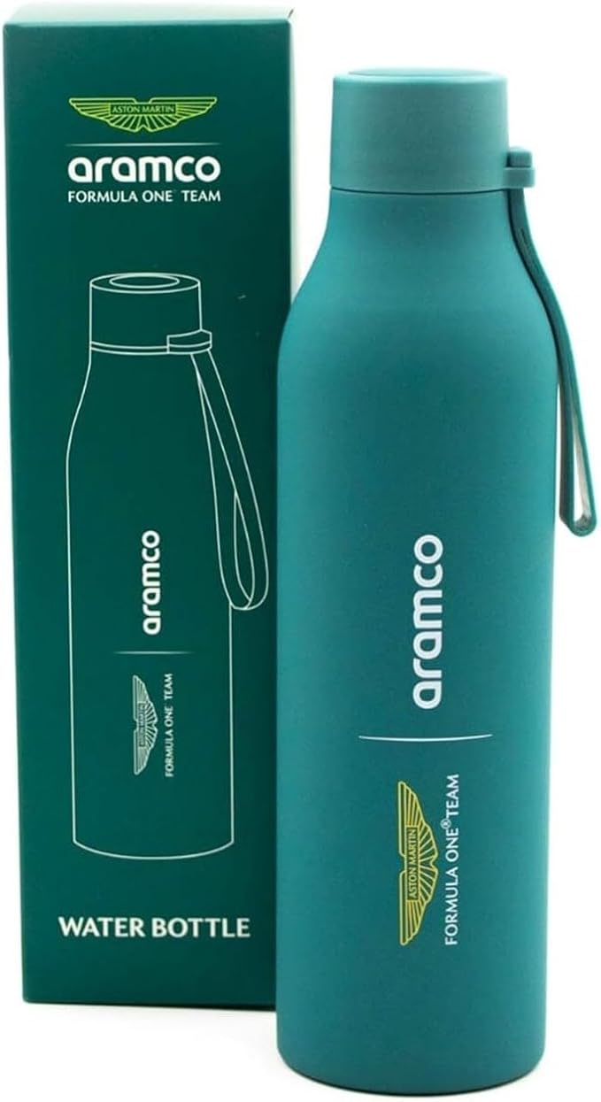 Aston Martin Team Logo water bottle, 2024 design, featuring Team and Sponsor logos on a steel bottle in Team colours, 500 ml capacity, with a loop strap for carrying, Official Merchandise