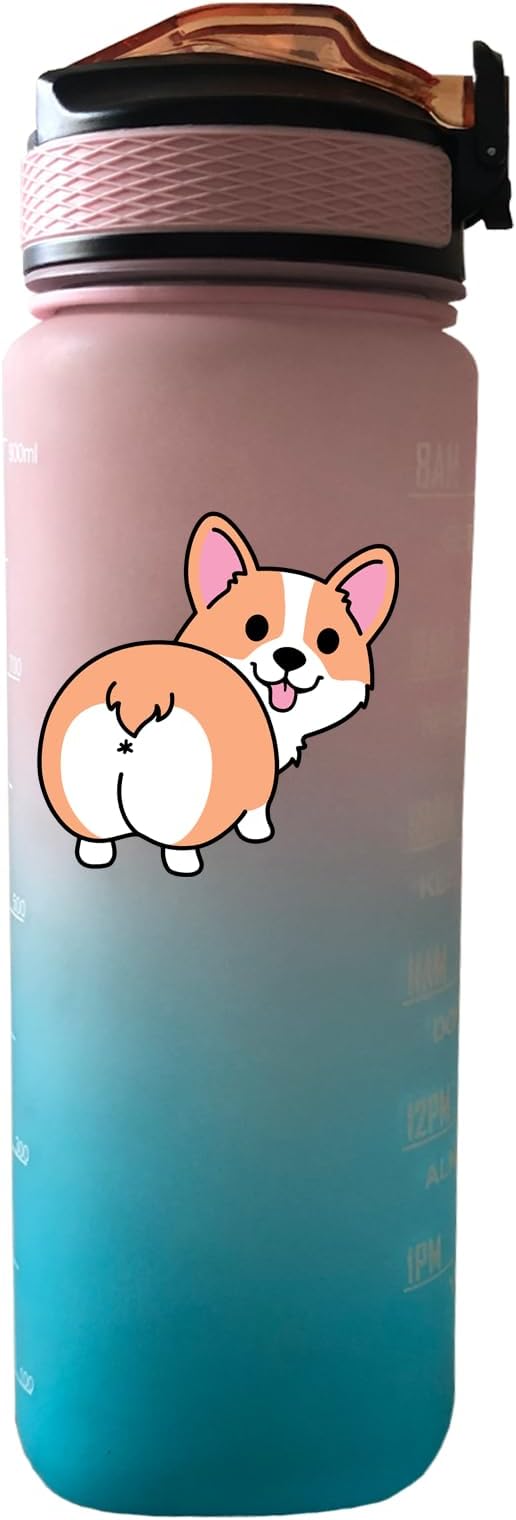Corgi Butt 32 oz Water Bottle with Times Marker to Drink and Straw, Carrying Strap, Leakproof Tritan BPA-Free, Ensure You Drink Enough Water for Fitness, Gym, Camping, Outdoor Sports
