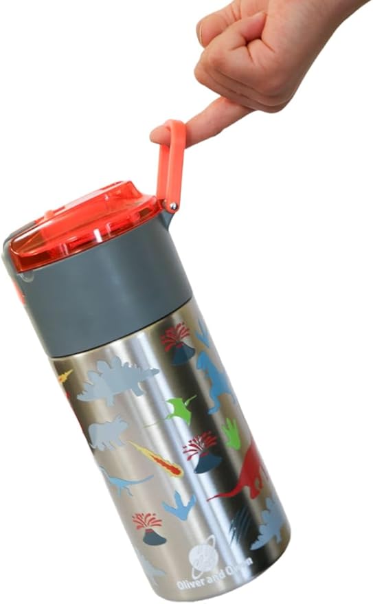 Kids insulated water bottle with straw and snack cup. Double wall stainless steel 14oz (orange and gray dinosaur)