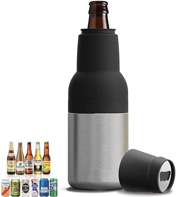 3 in 1 Beer Bottle and Can Cooler, Vacuum Insulated Double Walled Stainless Steel Cooler with Beer Opener, 12 oz Slim Can Insulator Holder (Silver)
