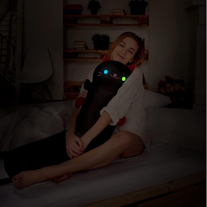Long Cat Plush Body Pillow, 44” Luminous Light Up Black Cat Stuffed Animals Kawaii Night Light Plushies Pillow Glow in The Dark Gift for Girls Boys