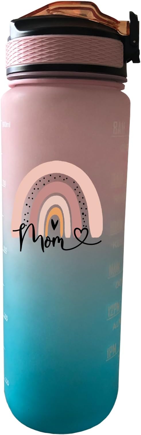 Mom 32 oz Water Bottle with Times Marker to Drink and Straw, Carrying Strap, Leakproof Tritan BPA-Free, Ensure You Drink Enough Water for Fitness, Gym, Camping, Outdoor Sports