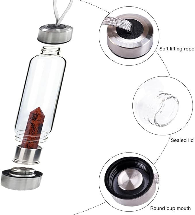 Crystal Glass Water Bottle,Water Bottle With Gemstone Center Crystal Elixir Bottle,Removable Gemstones Creative Water Cup Crystal Column Magic Wand Energy Cup for Gifts (B-Red Obsidian)