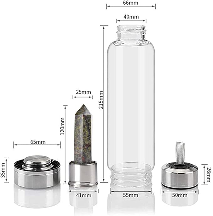 Crystal Glass Water Bottle, Glass Water Bottle with Changeable Natural Crystal Center, Quartz Gemstone Water Bottle for Natural