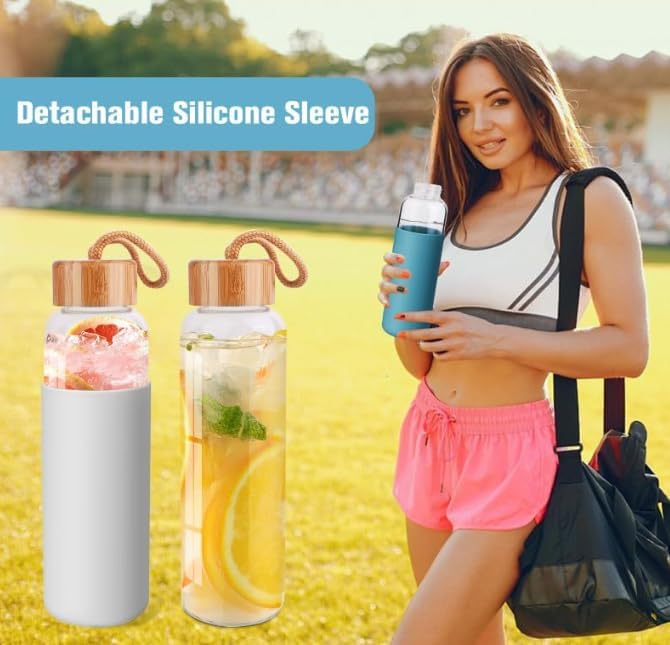 Lily's Home Glass Water Bottles Set of 2 - Glass Water Bottle Set. 18 oz Glass Bottles with Lids (Bamboo, Leakproof Seal), BPA Free, Silicone Sleeves to Avoid Drops & Bumps and Snags Tabletops