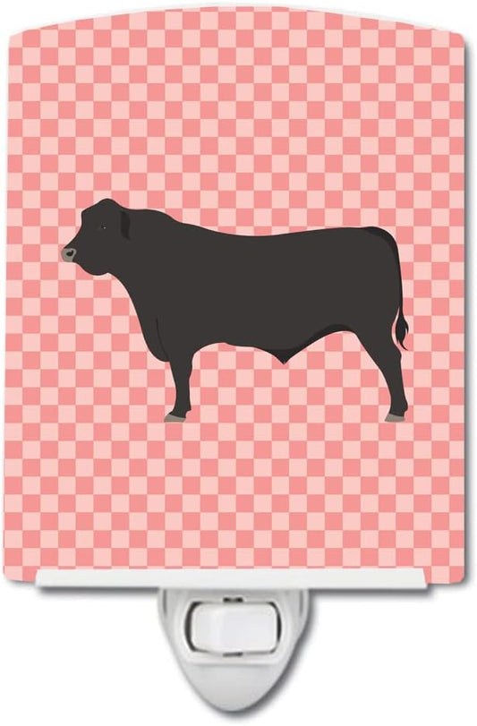 Caroline's Treasures BB7828CNL Black Angus Cow Pink Check Ceramic Night Light Compact, UL-Certified, Ideal for Bedroom, Bathroom, Nursery, Hallway, Kitchen, 6x4x3, Multicolor