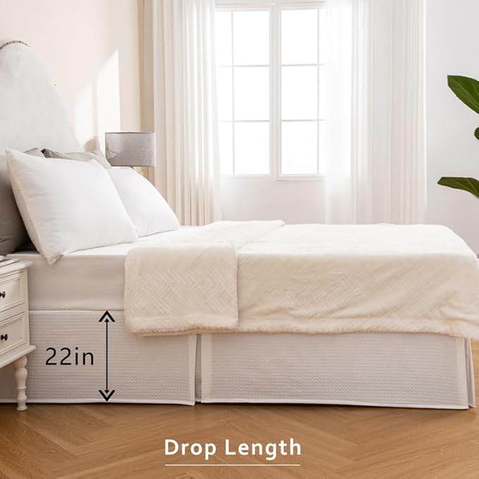 MIYE Pleated Waffle Weave Bed Skirt, Tailored Dust Ruffle 22 Inch Drop Easy Fit, Machine Washable (White, King - 22" Drop)
