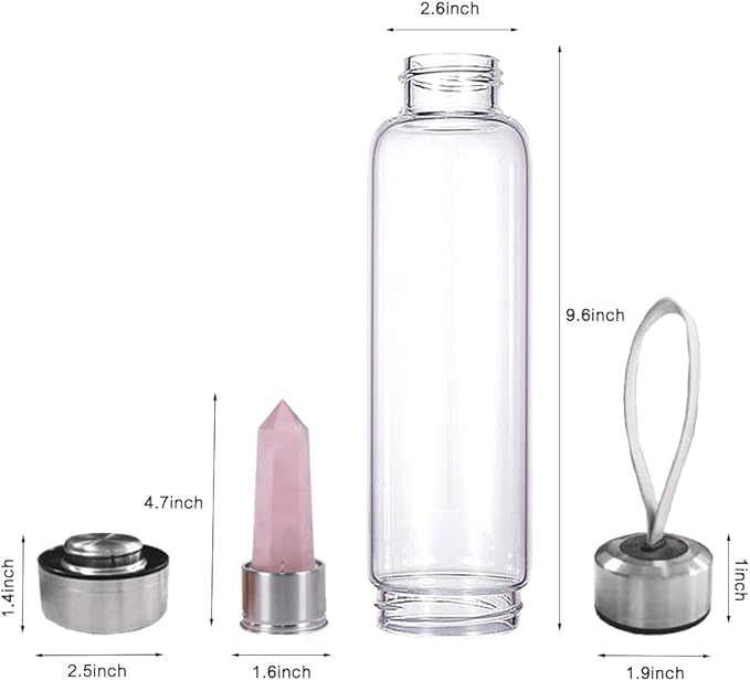 Crystal Glass Water Bottle,Water Bottle With Gemstone Center Crystal Elixir Bottle,Removable Gemstones Creative Water Cup Crystal Column Magic Wand Energy Cup for Gifts (O-Powder)