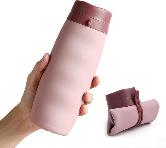 Premium Collapsible Silicone Water Bottle - 600ML, BPA-Free, Medical Grade, Leak Proof, Foldable ,Roll-Up Portable Sports & Outdoor Water Jug - 20oz Travel-Friendly, Reusable Drinking Bottle (Pink)