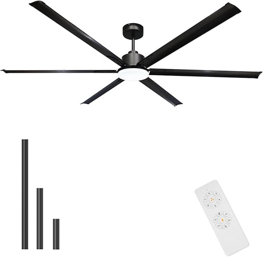 GESUM 84 Inch Ceiling Fans with Light, Industrial Ceiling Fan with 6 Aluminum Blades, Reversible, 6-Speeds, Large Ceiling Fan for Porch/Garage/Shop (Black)