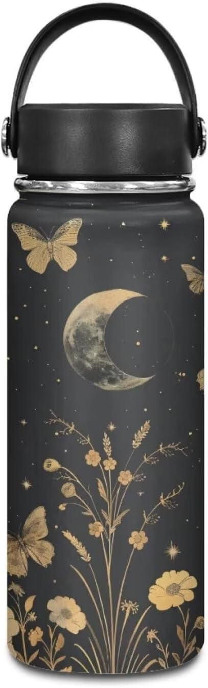 Moon Butterfly Insulated Water Bottle 18 Oz Stainless Steel Leak Proof Vacuum Easy to Clean Lightweight Keeps Cold and Hot Great for Travel Hiking Biking Running