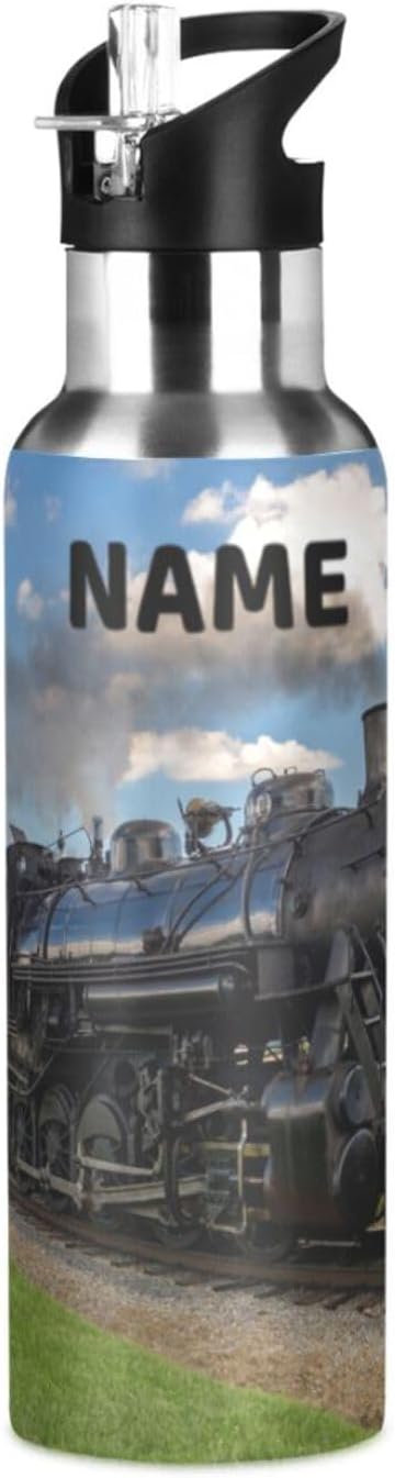 Vintage Steam Train Stainless Steel Water Bottle with Straw Lid - 20 Oz Sports Insulated Water Bottle Thermos for Sport Gym Outdoor Travel School