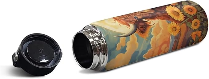 Highland Cattle Sunflower Sports Water Bottle 18 oz Insulated Water Bottle Leak Proof Stainless Steel Gym Bottle Sports Water Cup for Women Thermal Water Bottle