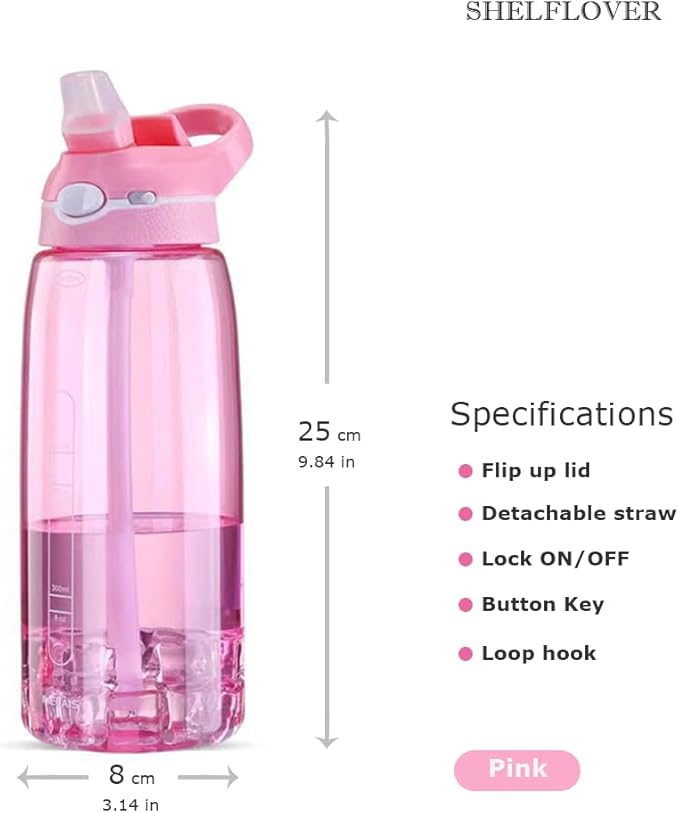 SHELFLOVER Pink Water Bottle With Narrow Straw, BPA FREE Clear Bottles With Handle One Hand Use Easy Carried, Flip Up, Suit School, Office, Gym, Office For Women, 32oz (1000ml)