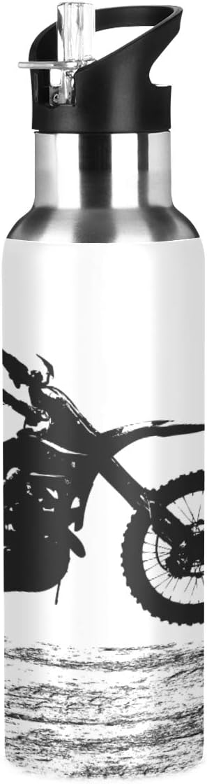 Motocross Rider Water Bottle with Straw Lid for Fitness Gym Camping Outdoor Sports, Wide Mouth Vacuum Insulated 18/8 Stainless Steel, 22 oz