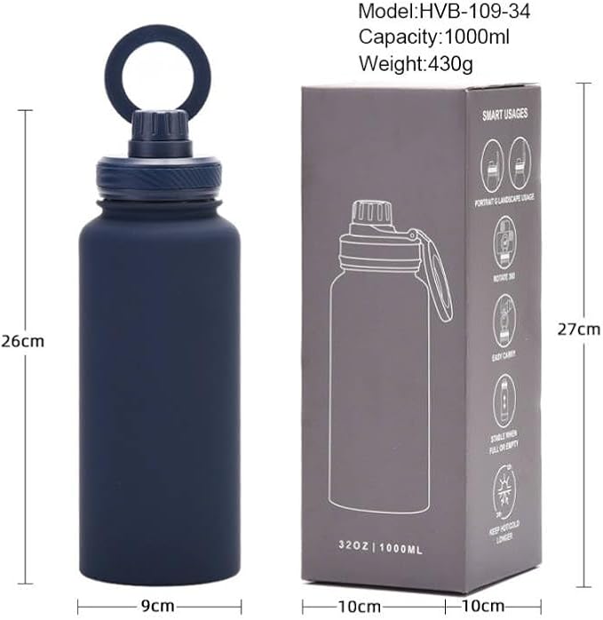 LUXURIALINE, Sport Water Bottles, 1000ml/33.8oz Double Wall Vacuum Insulated, 12 hours hot and 24 hours cold, Magnetic mobile Holder (12 or newer) Black, new 2024, ZJLA04
