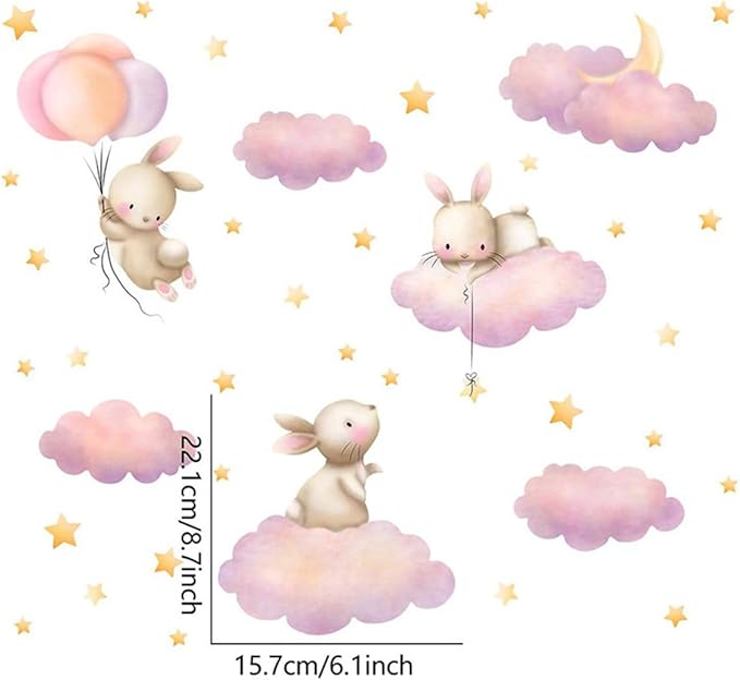 Rabbit Cloud Star Wall Stickers for Bedroom Girls Room Bunny Moon and Stars Nursery Decor Wall Decal