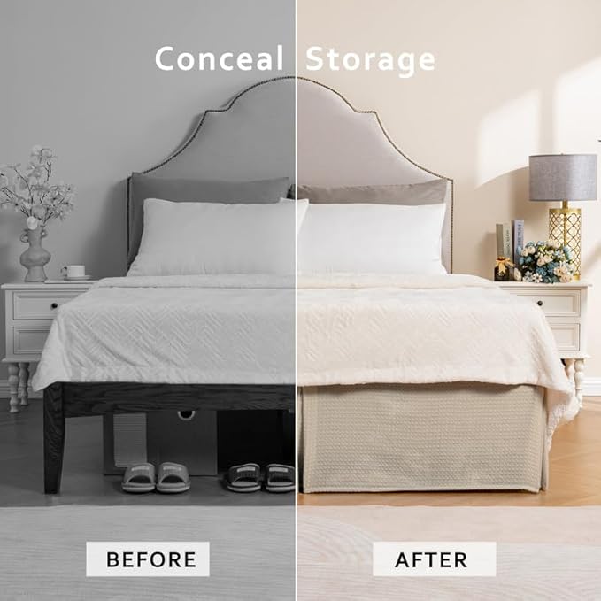 MIYE Pleated Waffle Weave Bed Skirt, Tailored Dust Ruffle 12 Inch Drop Easy Fit, Machine Washable (Cream, Full - 12" Drop)