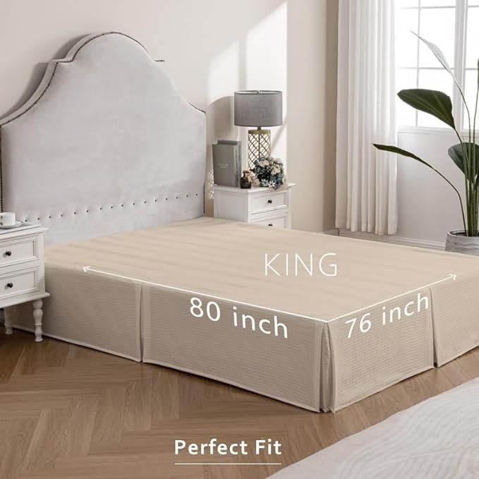 MIYE Pleated Waffle Weave Bed Skirt, Tailored Dust Ruffle 12 Inch Drop Easy Fit, Machine Washable (Cream, King - 12" Drop)