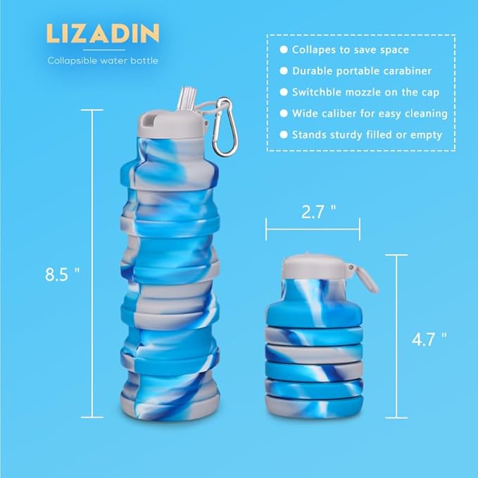 Collapsible water bottles 2 Pack with brush,BPA Free Travel Silicone Water Bottle with Carabiner,Reusable Foldable Portable Lightweight Sports bottles for Gym Camping Hiking (Camo pink+blue)