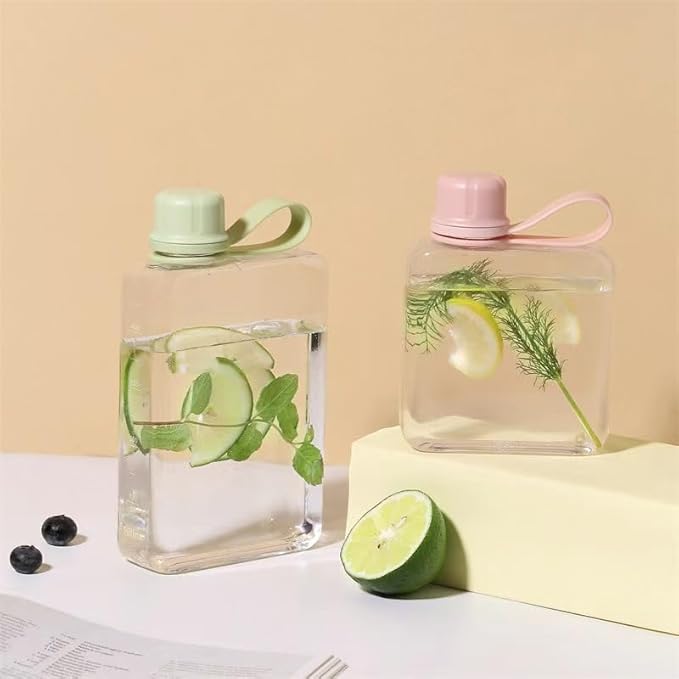 Flat Water Bottle Travel Flask Portable 10.5 oz BPA Free Tritan Square Water Bottles Leakproof Slim Water Bottle for Purse Travel Pocket Sports Fitness (Pink, 10.5)