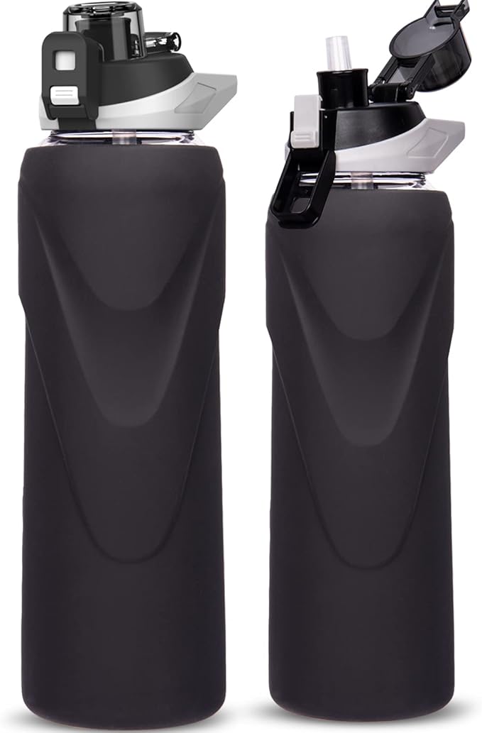 32 oz Sports Glass Water Bottle with Straw & Silicone Sleeve Reusable BPA-free Borosilicate Glass Drinking Bottle with Flip Top Lid & Handle Wide Mouth (Deep Black)