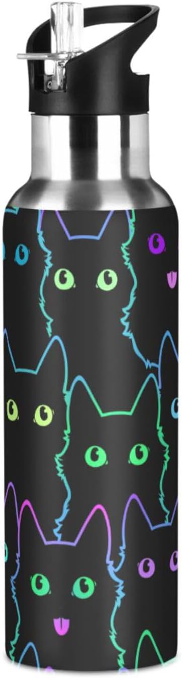 senya 34 Oz Water Bottle with Straw Colorful Neon Cat Stainless Steel Water Bottle for Traveling Sports Leakproof Insulated Water Bottle