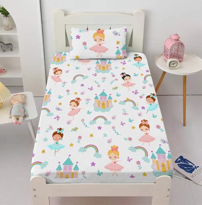 Girls Princess Fitted Sheet Set for Kids Teens Dancing Castle Crown Bed Sheet Queen Size 3D Print Dreaming Style Sheet Set 3 Piece