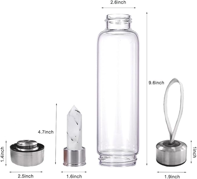 Crystal Glass Water Bottle,Water Bottle With Gemstone Center Crystal Elixir Bottle,Removable Gemstones Water Cup Crystal Column Magic Wand Energy Cup for Gifts (J-Black Tourmaline)