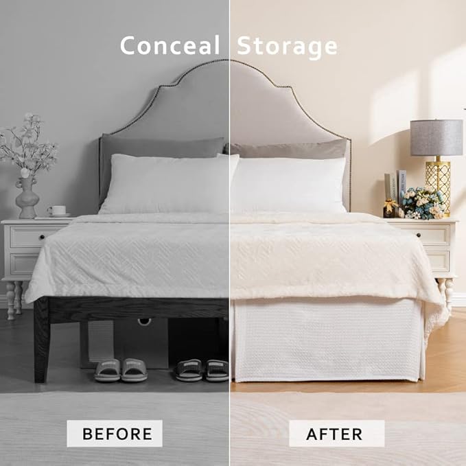 MIYE Pleated Waffle Weave Bed Skirt, Tailored Dust Ruffle 12 Inch Drop Easy Fit, Machine Washable (White, TwinXL - 12" Drop)