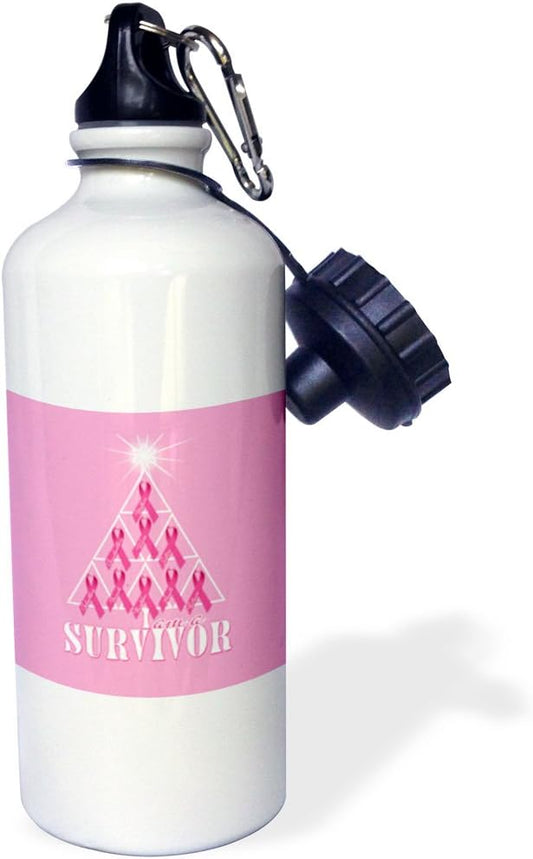 3dRose Breast Cancer Pink Ribbon Christmas Tree Survivor-Sports Water Bottle, 21oz , 21 oz, Multicolor